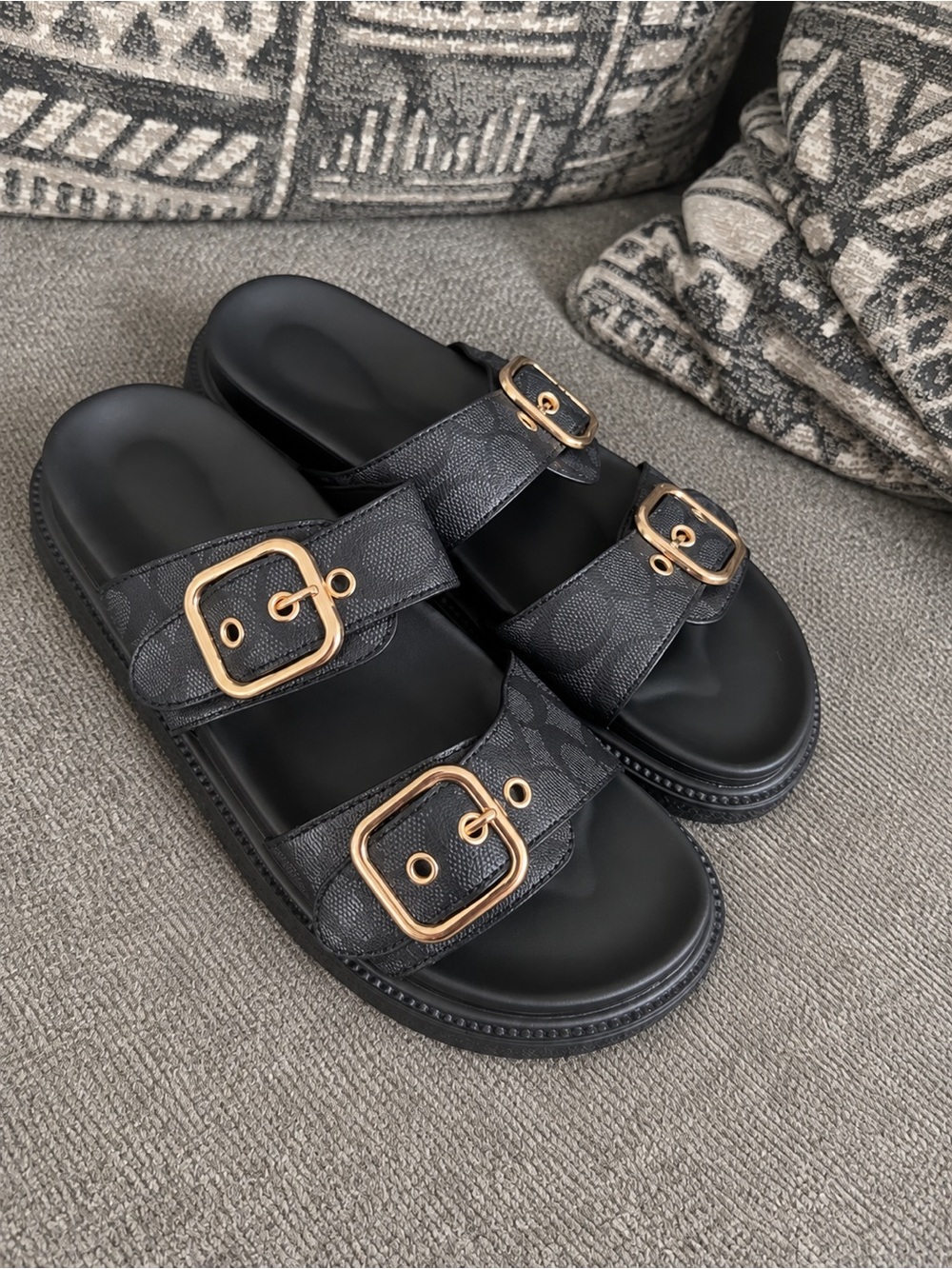 Kids Black Double-Buckle Slide Sandals